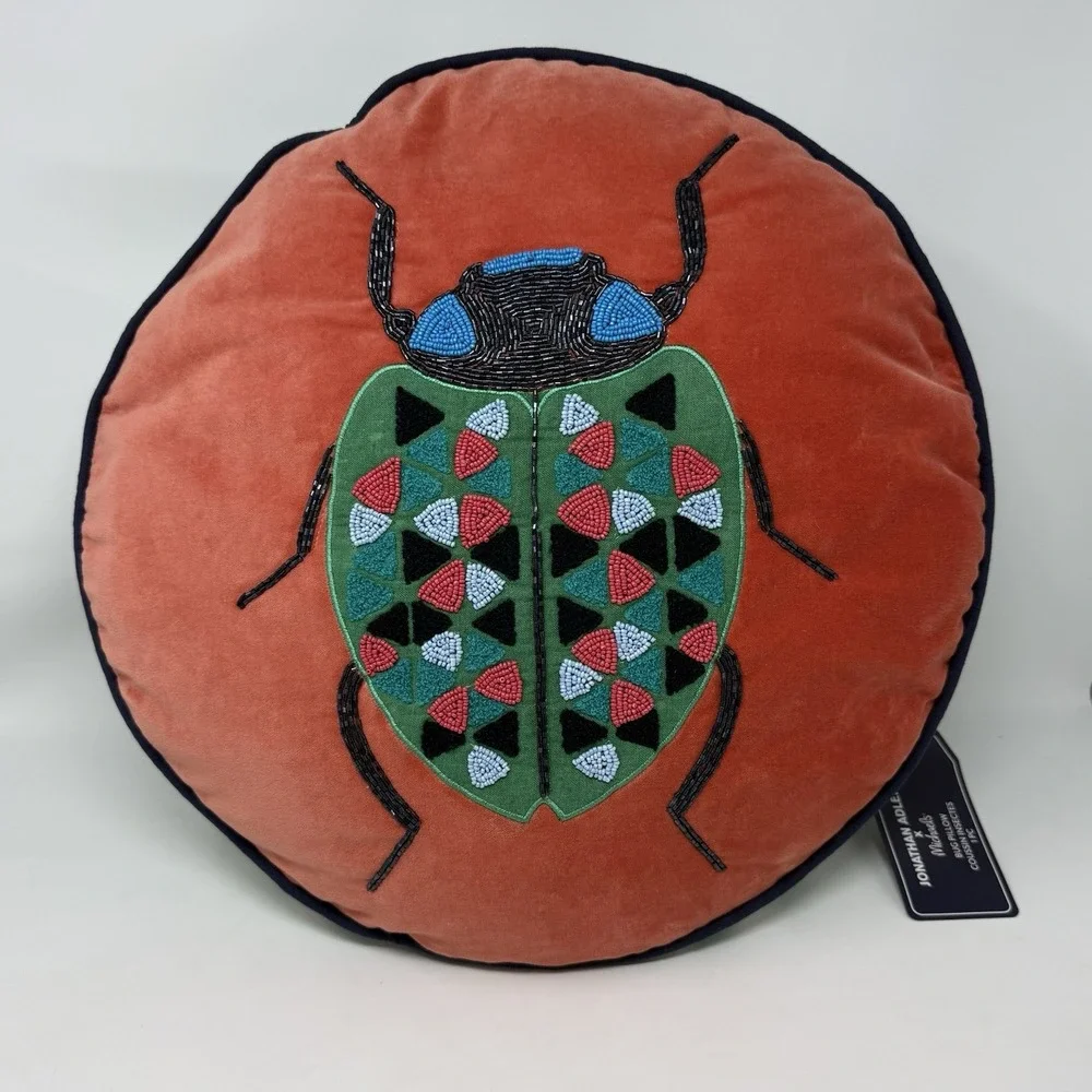 Jonathon Adler Round  Embroidered Beaded Multicolor Last Bug Beatle NWT